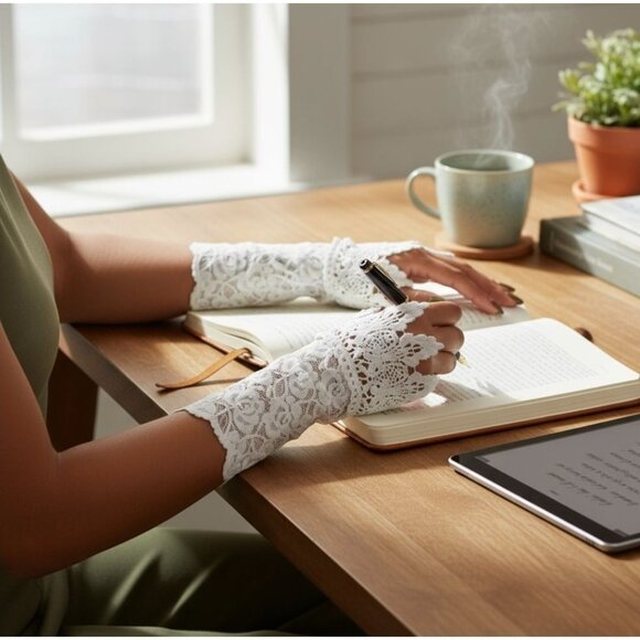 Lace Arm Warmers – White Fingerless Gloves w/ Floral Pattern – Bridal Vintage OS - Picture 2 of 2